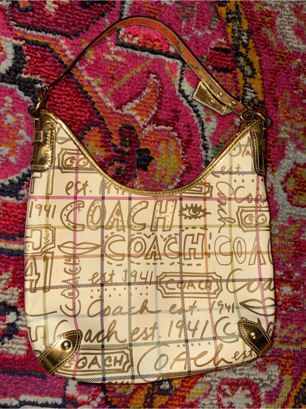 Coach Cream Signature Script Hobo Bag with Gold Trim